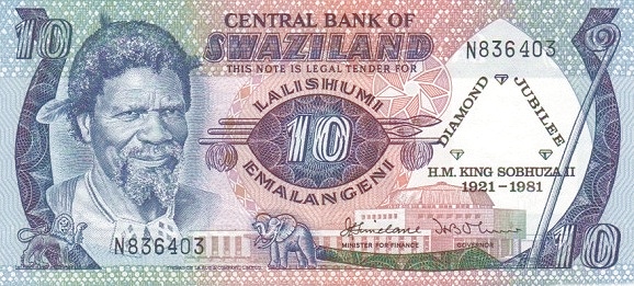 The Swaziland 10 Emalangeni commemorative banknote issued in 1981