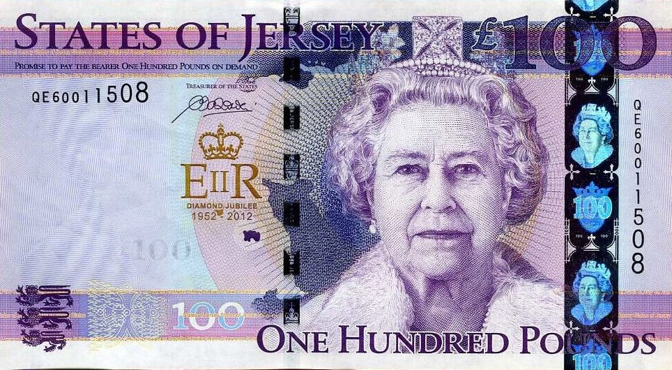 The Jersey 100 Pounds 2012 Commemorative Banknote was issued to celebrate Queen Elizabeth II’s Diamond Jubilee, marking 60 years on the throne (1952–2012). 