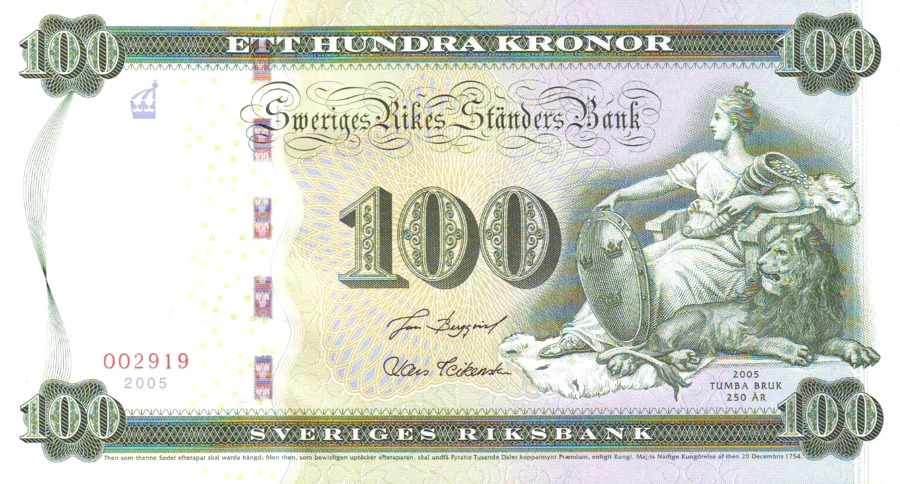 Mother Svea appeared frequently as a national symbol in 19th-century Swedish literature and culture. She appeared on various Swedish banknotes for over seventy years, such as both the 5-kronor banknote printed between 1890 and 1952 and the 5-kronor banknote printed between 1954 and 1963