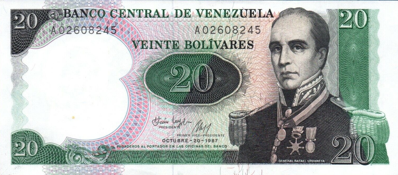 The 1987 Venezuela 20 Bolívares banknote to commemorate the 200th anniversary of the birth of General Rafael Urdaneta